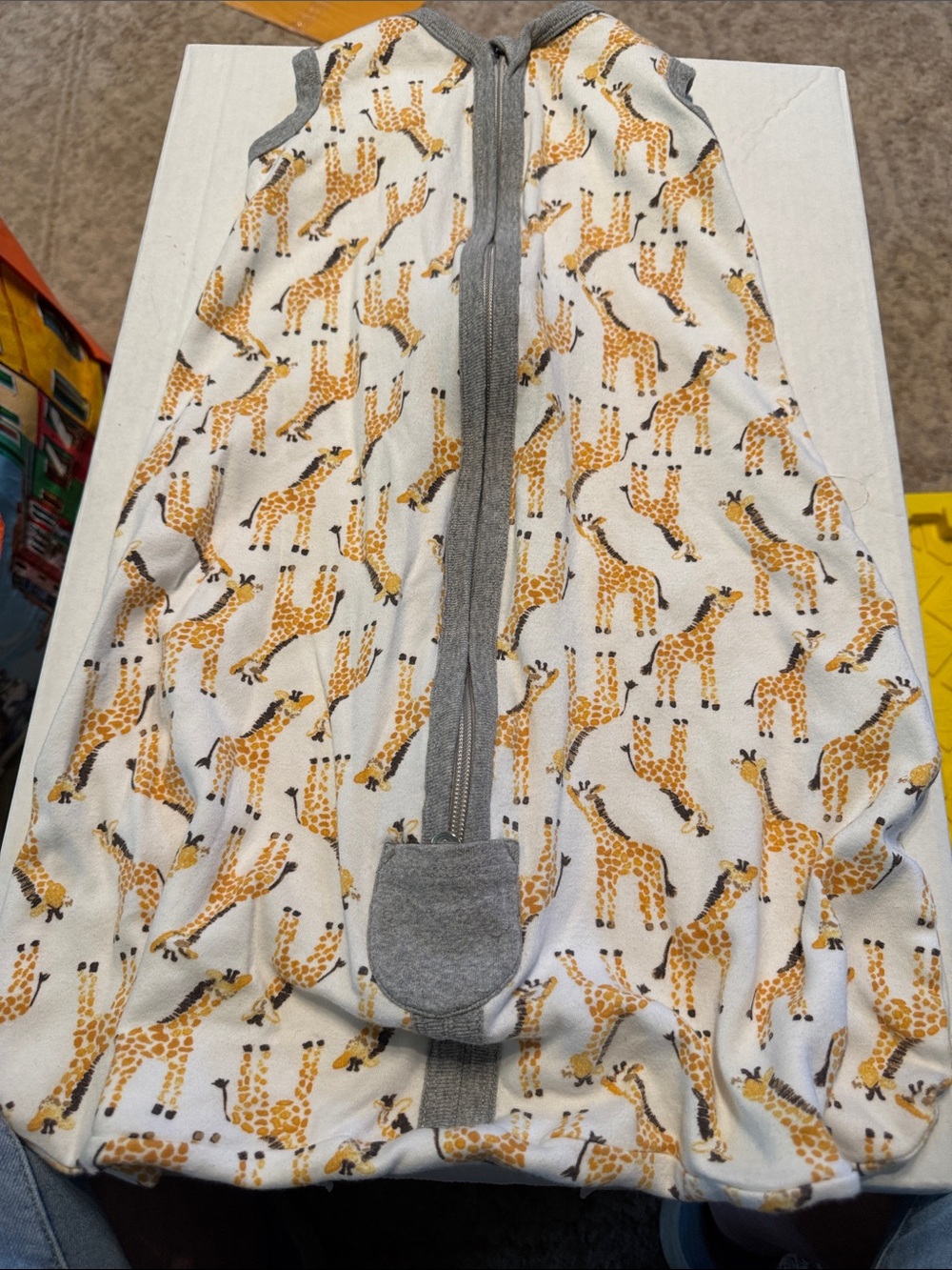 Burt's Bees White Baby Sleep Sack with Yellow Giraffe Print and Gray Trim